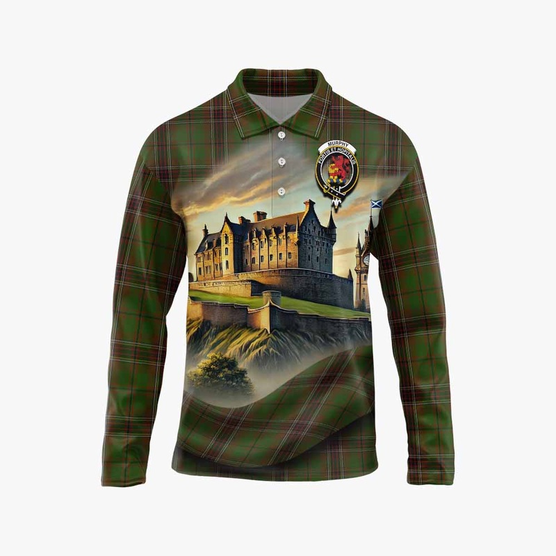 Murphy Tartan Family Crest Long Sleeve Polo Shirt with Scottish Ancient Castle Style