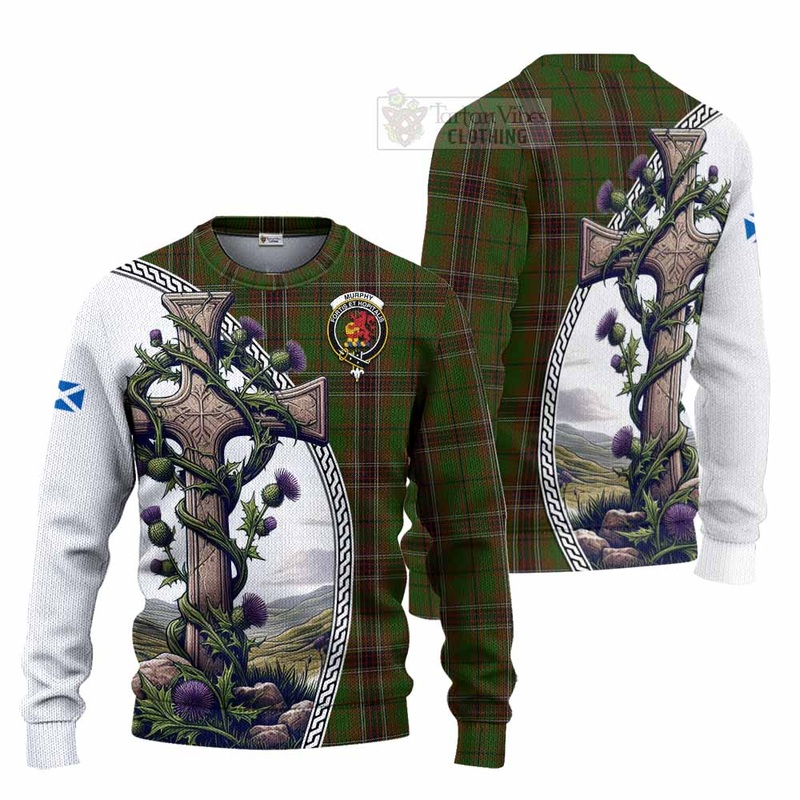 Murphy Tartan Knitted Sweater with Family Crest and St. Andrew's Cross Accented by Thistle Vines