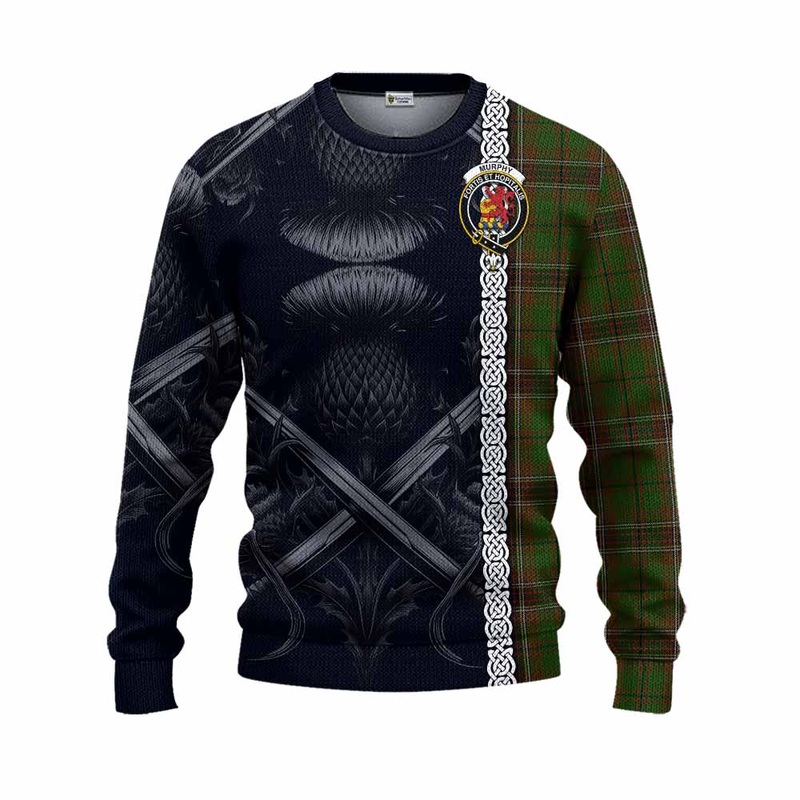 Murphy Tartan Knitted Sweater with Family Crest Cross Sword Thistle Celtic Vibes