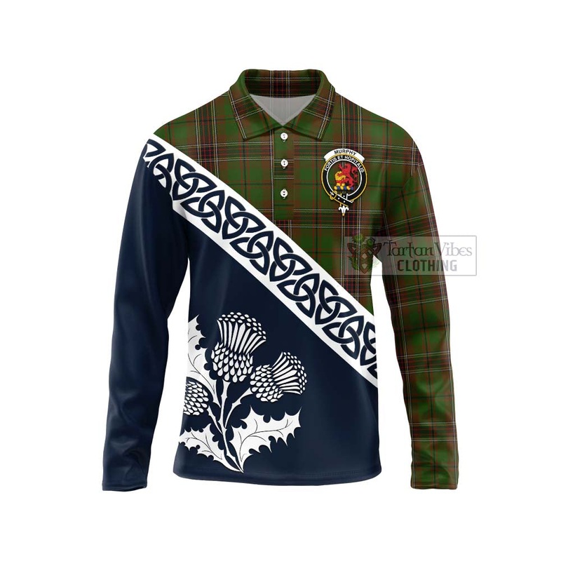 Murphy Tartan Long Sleeve Polo Shirt Featuring Thistle and Scotland Map