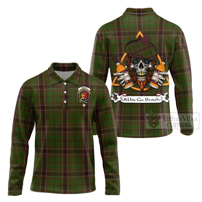 Murphy Tartan Long Sleeve Polo Shirt with Family Crest and Bearded Skull Holding Bottles of Whiskey