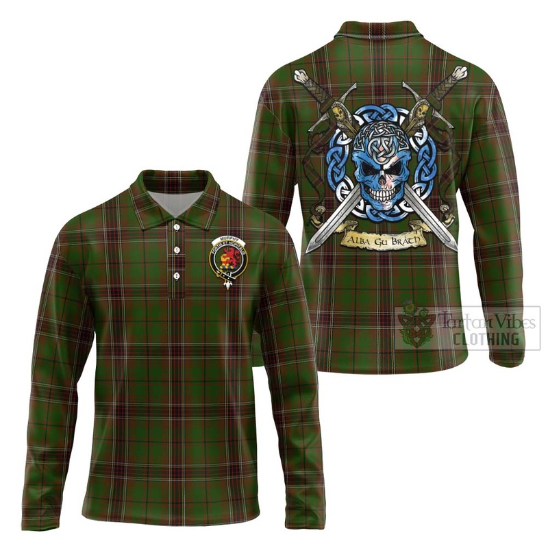 Murphy Tartan Long Sleeve Polo Shirt with Family Crest Celtic Skull Style
