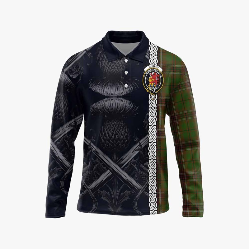 Murphy Tartan Long Sleeve Polo Shirt with Family Crest Cross Sword Thistle Celtic Vibes