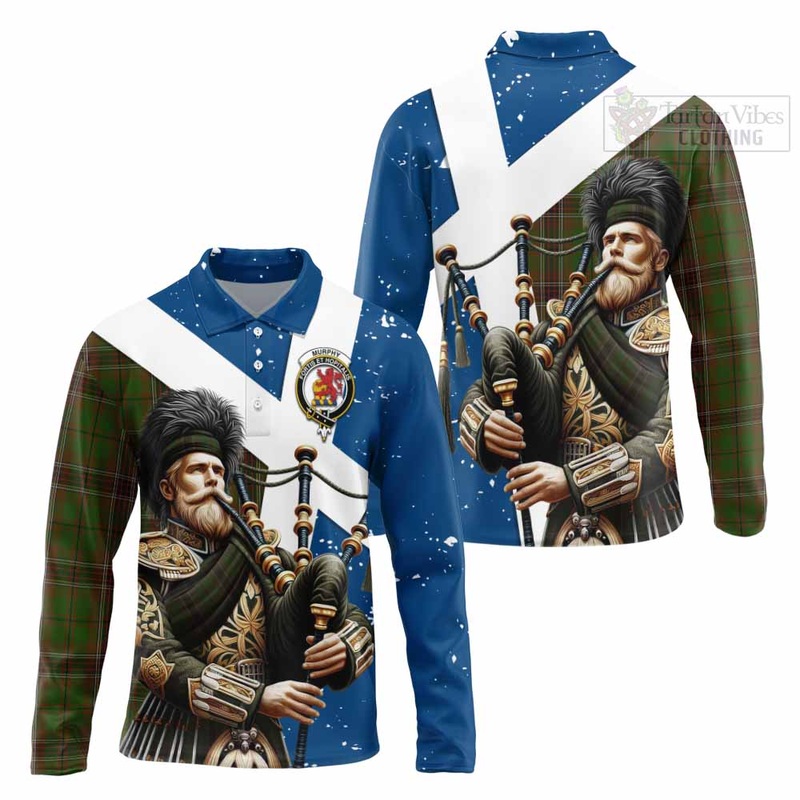 Murphy Tartan Long Sleeve Polo Shirt with Family Crest Scottish Bagpiper Vibes