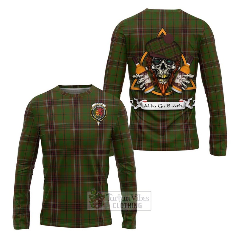 Murphy Tartan Long Sleeve T-Shirt with Family Crest and Bearded Skull Holding Bottles of Whiskey