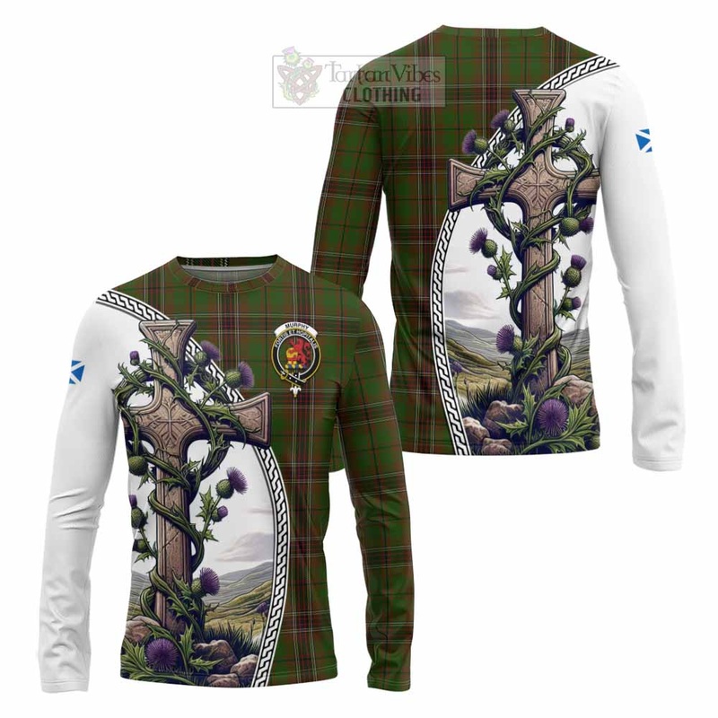 Murphy Tartan Long Sleeve T-Shirt with Family Crest and St. Andrew's Cross Accented by Thistle Vines