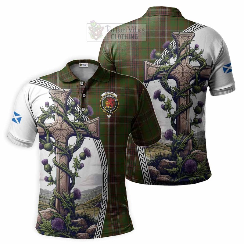 Murphy Tartan Polo Shirt with Family Crest and St. Andrew's Cross Accented by Thistle Vines