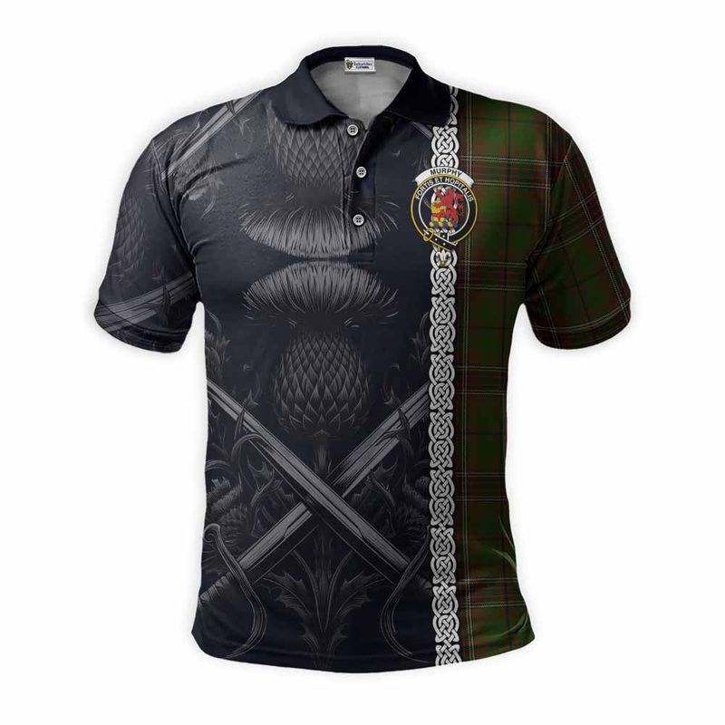 Murphy Tartan Polo Shirt with Family Crest Cross Sword Thistle Celtic Vibes