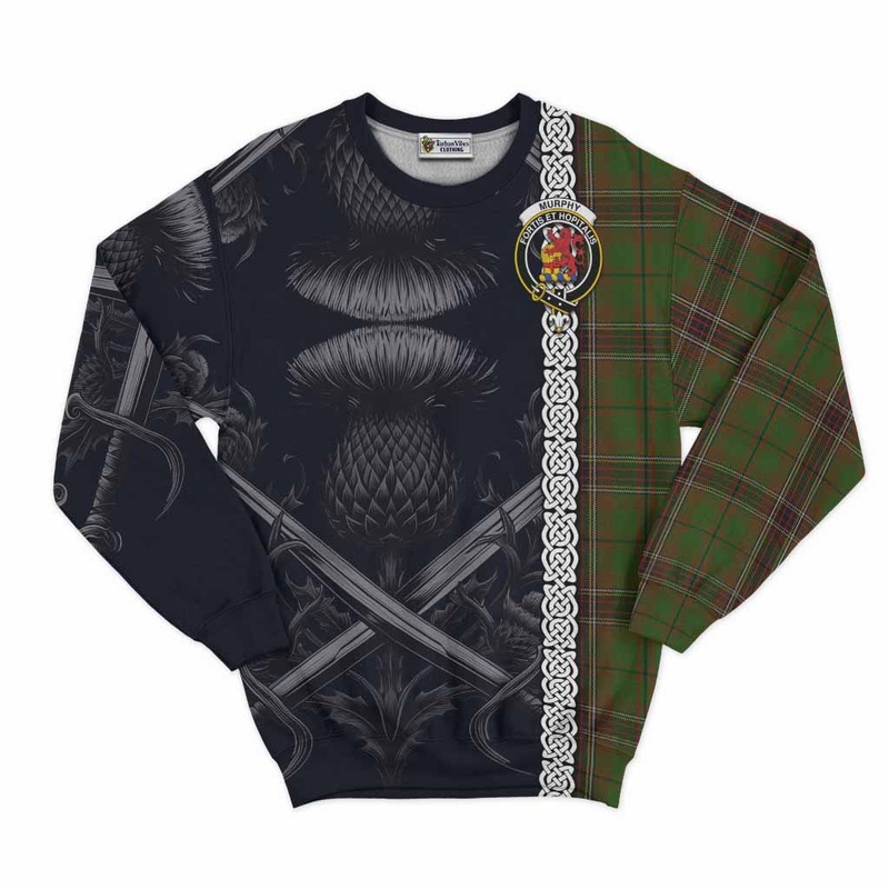 Murphy Tartan Sweatshirt with Family Crest Cross Sword Thistle Celtic Vibes