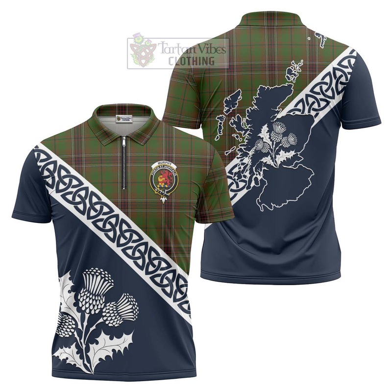 Murphy Tartan Zipper Polo Shirt Featuring Thistle and Scotland Map