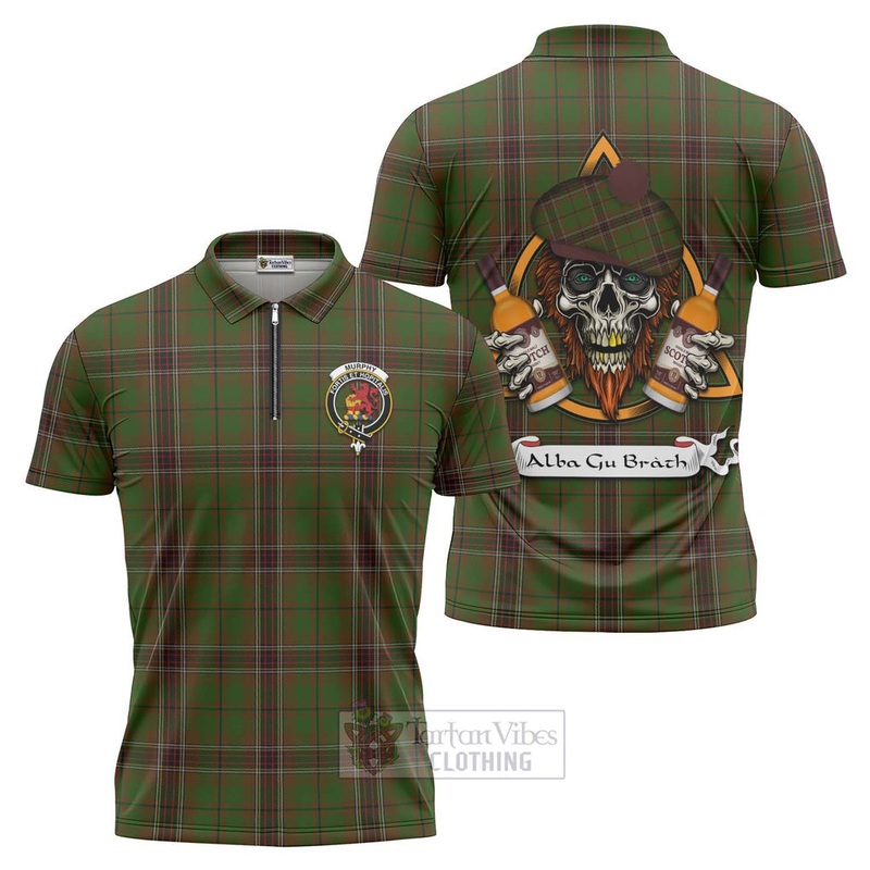 Murphy Tartan Zipper Polo Shirt with Family Crest and Bearded Skull Holding Bottles of Whiskey