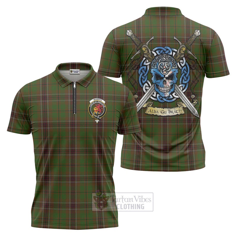 Murphy Tartan Zipper Polo Shirt with Family Crest Celtic Skull Style
