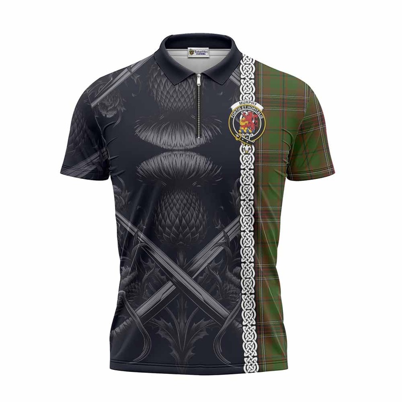 Murphy Tartan Zipper Polo Shirt with Family Crest Cross Sword Thistle Celtic Vibes