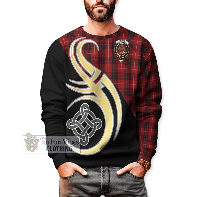 Munro Black and Red Tartan Sweatshirt with Family Crest and Celtic Symbol Style