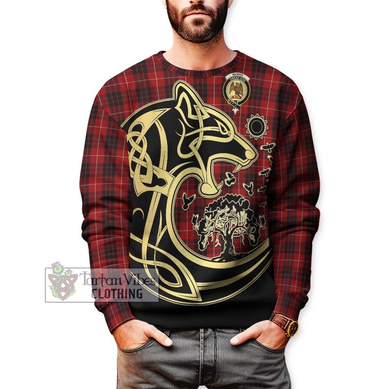 Munro Black and Red Tartan Sweatshirt with Family Crest Celtic Wolf Style