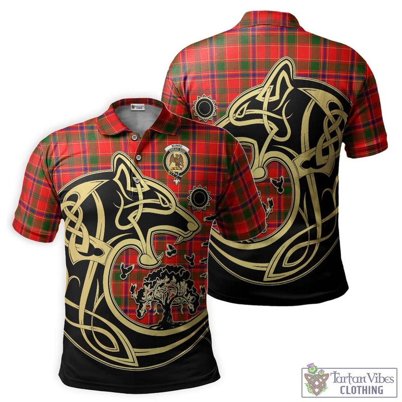 Munro Modern Tartan Polo Shirt with Family Crest Celtic Wolf Style