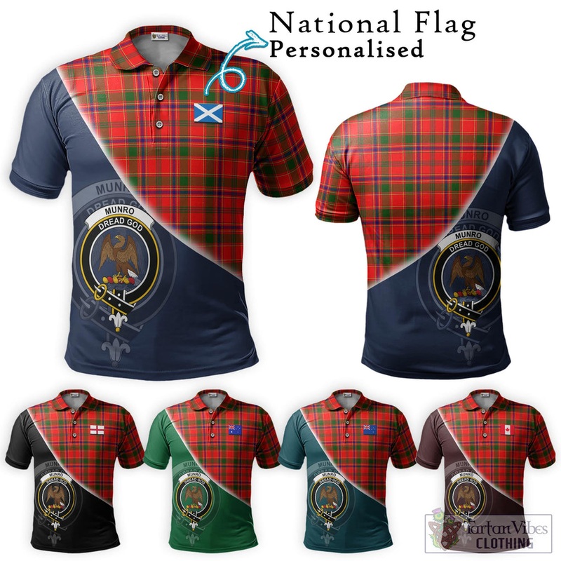Munro Modern Tartan Polo Shirt with Personalised National Flag and Family Crest Half Style