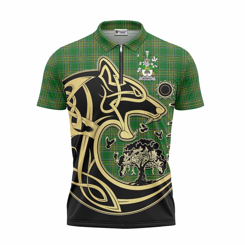 Murphy (Wexford) Irish Tartan Zipper Polo Shirt with Coat of Arms Celtic Wolf Style