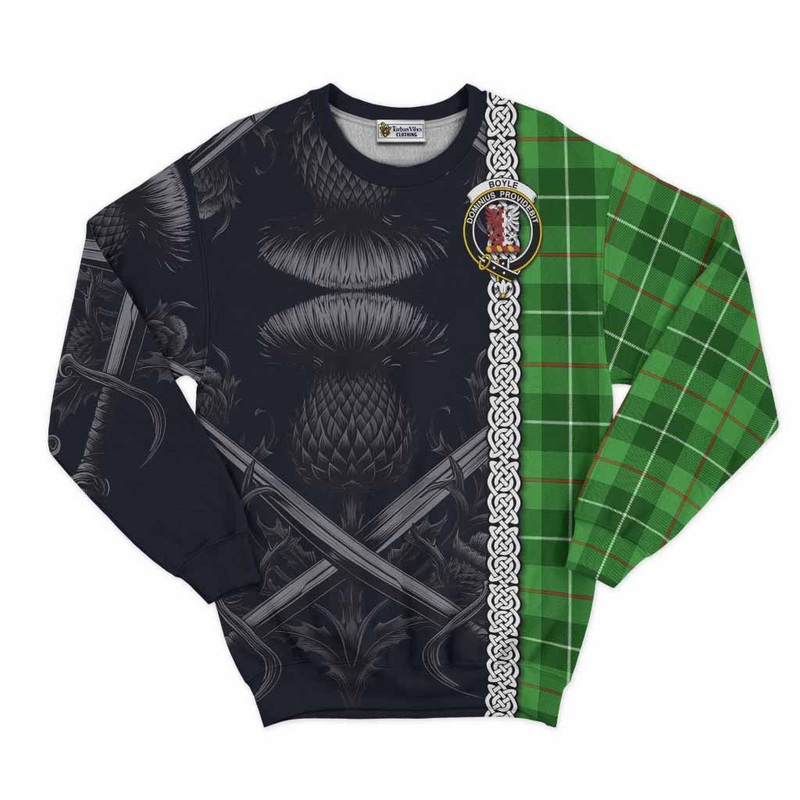 Boyle Tartan Sweatshirt with Family Crest Cross Sword Thistle Celtic Vibes
