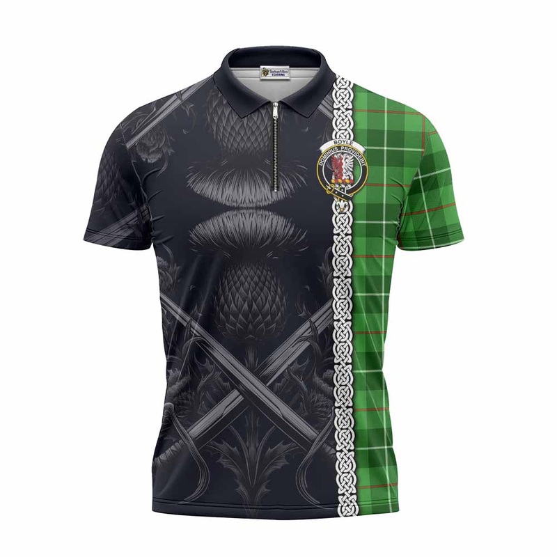 Boyle Tartan Zipper Polo Shirt with Family Crest Cross Sword Thistle Celtic Vibes