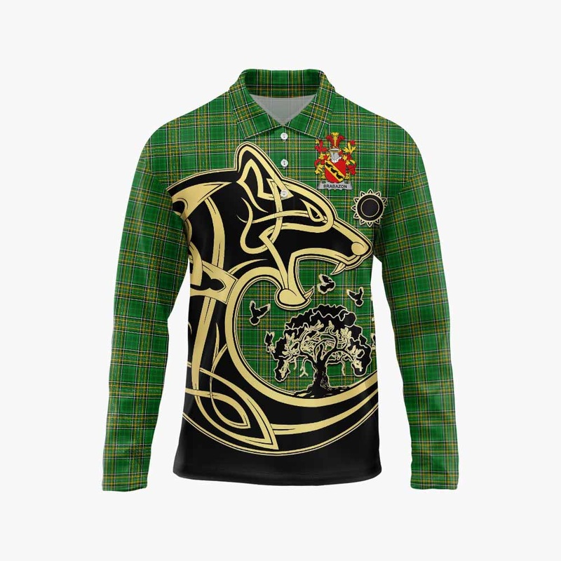 Brabazon Irish Tartan Long Sleeve Polo Shirt with Coat of Arms Celtic Wolf Style
