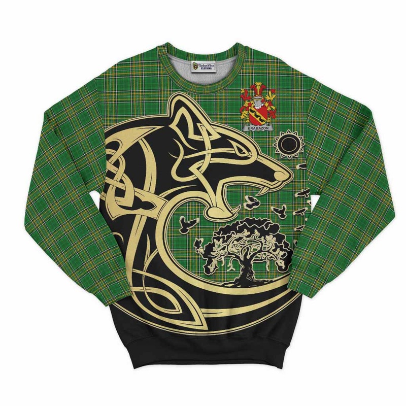 Brabazon Irish Tartan Sweatshirt with Coat of Arms Celtic Wolf Style