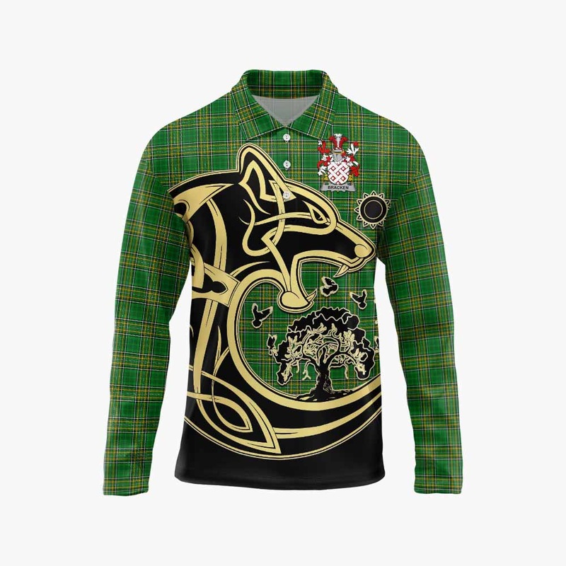 Bracken Irish Tartan Long Sleeve Polo Shirt with Coat of Arms Celtic Wolf Style