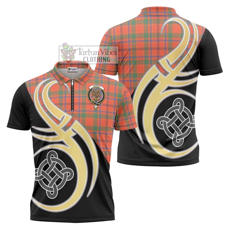 Munro Ancient Tartan Zipper Polo Shirt with Family Crest and Celtic Symbol Style
