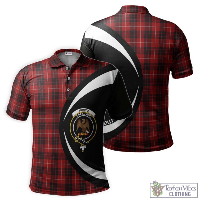 Munro Black and Red Tartan Men's Polo Shirt with Family Crest Circle Style