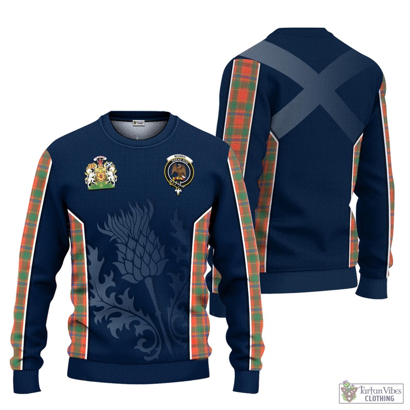 Munro Ancient Tartan Knitted Sweatshirt with Family Crest and Scottish Thistle Vibes Sport Style