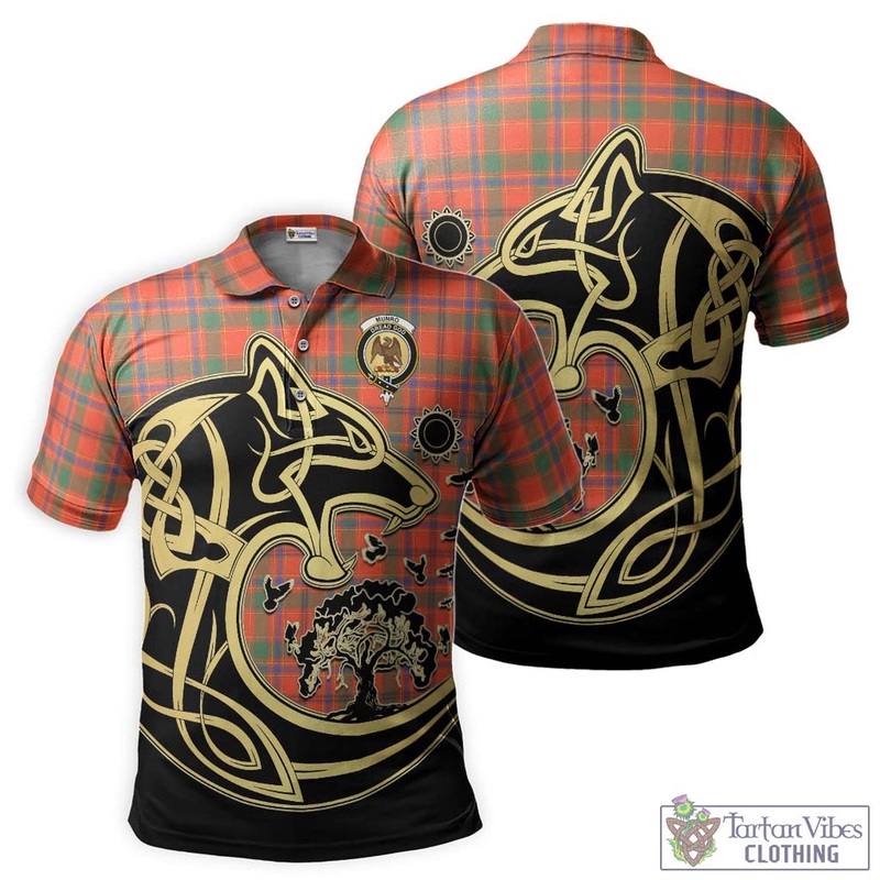 Munro Ancient Tartan Polo Shirt with Family Crest Celtic Wolf Style
