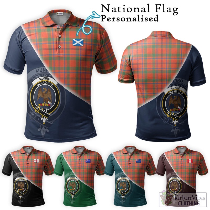 Munro Ancient Tartan Polo Shirt with Personalised National Flag and Family Crest Half Style