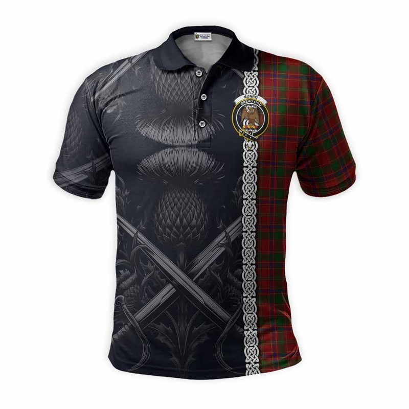Munro (Monroe) Tartan Polo Shirt with Family Crest Cross Sword Thistle Celtic Vibes
