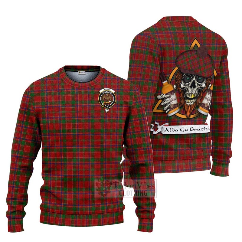 Munro (Monroe) Tartan Ugly Sweater with Family Crest and Bearded Skull Holding Bottles of Whiskey
