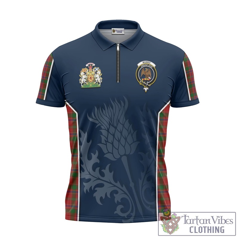 Munro (Monroe) Tartan Zipper Polo Shirt with Family Crest and Scottish Thistle Vibes Sport Style