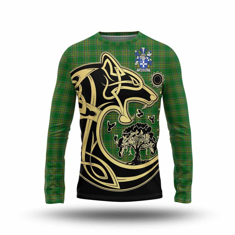 Mulock Irish Tartan Long Sleeve T-Shirt with Coat of Arms Celtic Wolf Style