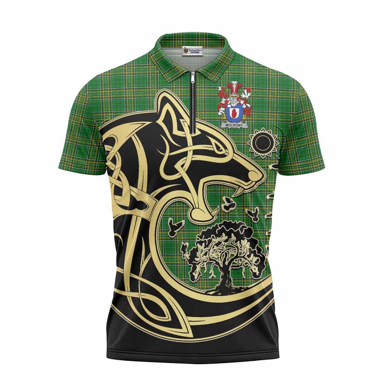 Mulrony Irish Tartan Zipper Polo Shirt with Coat of Arms Celtic Wolf Style