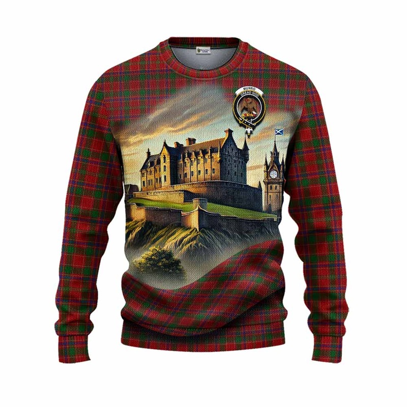 Munro (Monroe) Tartan Family Crest Knitted Sweater with Scottish Ancient Castle Style