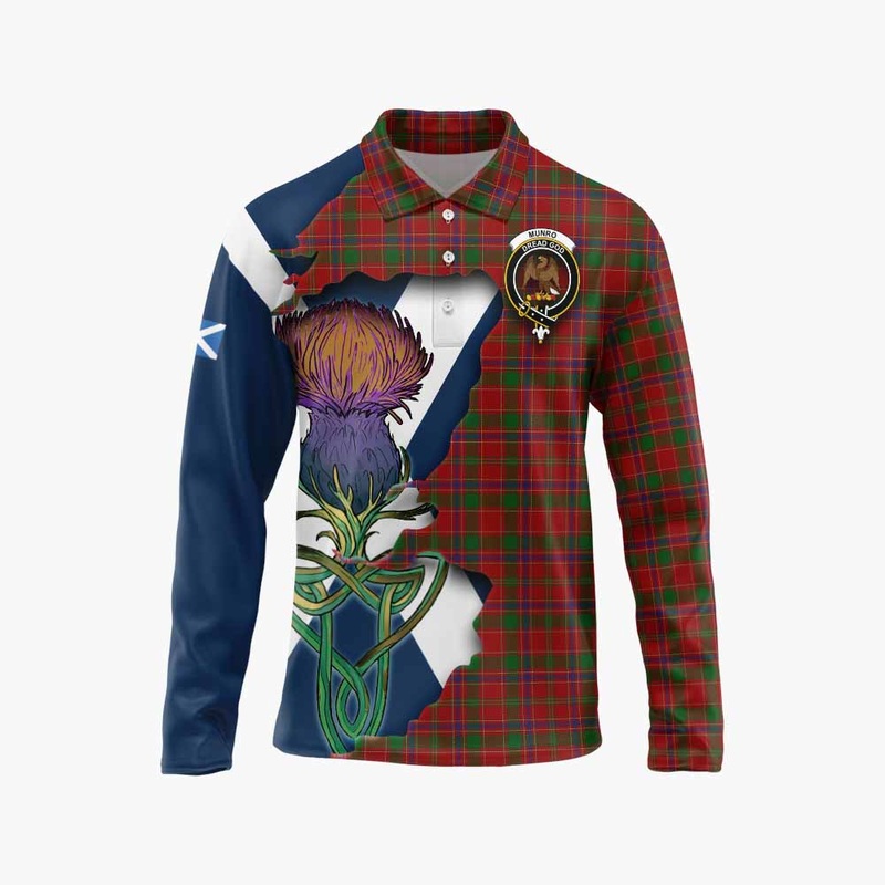 Munro (Monroe) Tartan Family Crest Long Sleeve Polo Shirt Scottish Thistle Celtic Inspired