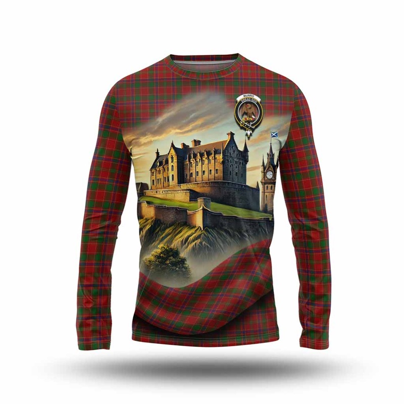 Munro (Monroe) Tartan Family Crest Long Sleeve T-Shirt with Scottish Ancient Castle Style