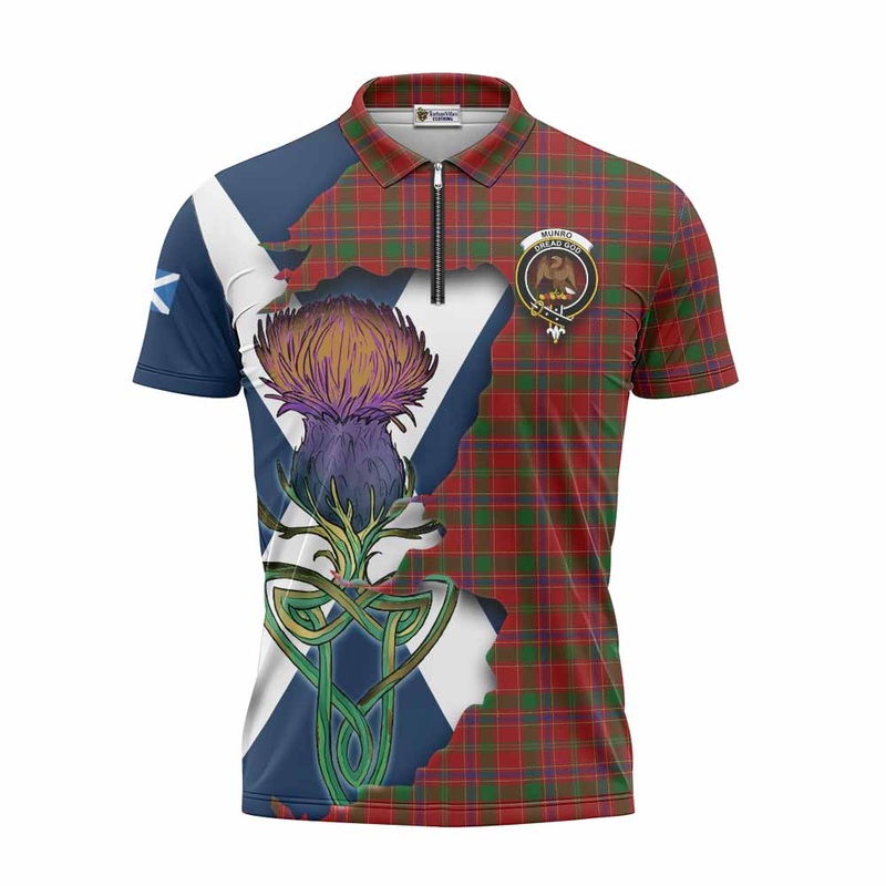 Munro (Monroe) Tartan Family Crest Zipper Polo Shirt Scottish Thistle Celtic Inspired