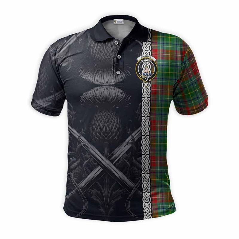 Muirhead Tartan Polo Shirt with Family Crest Cross Sword Thistle Celtic Vibes
