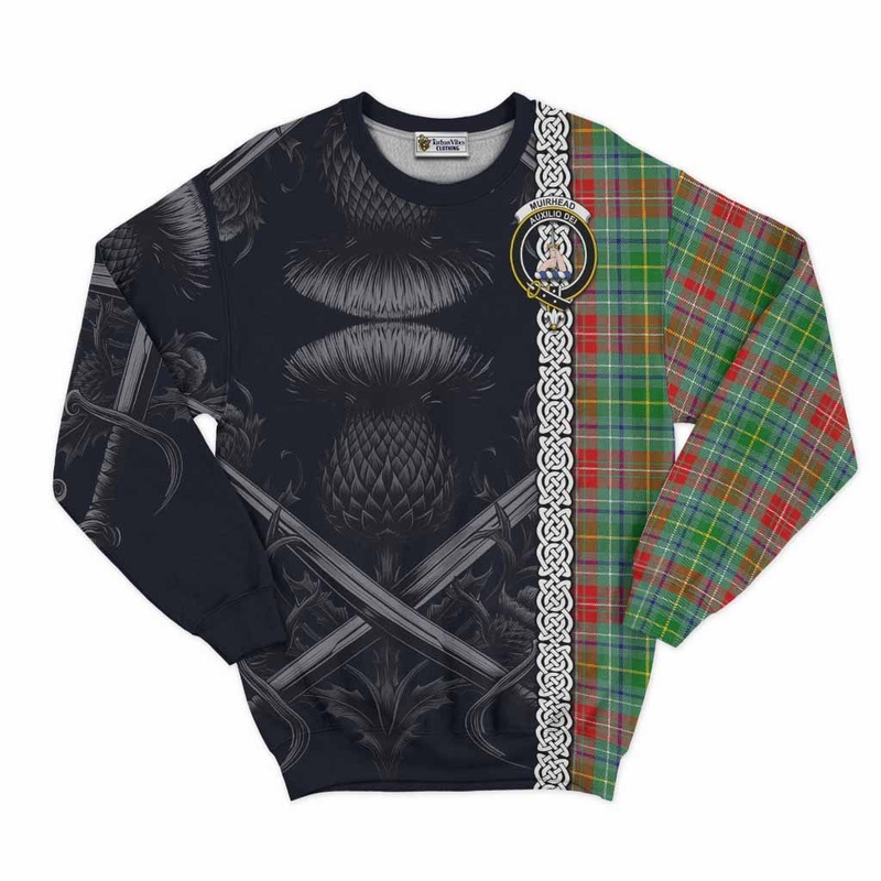 Muirhead Tartan Sweatshirt with Family Crest Cross Sword Thistle Celtic Vibes