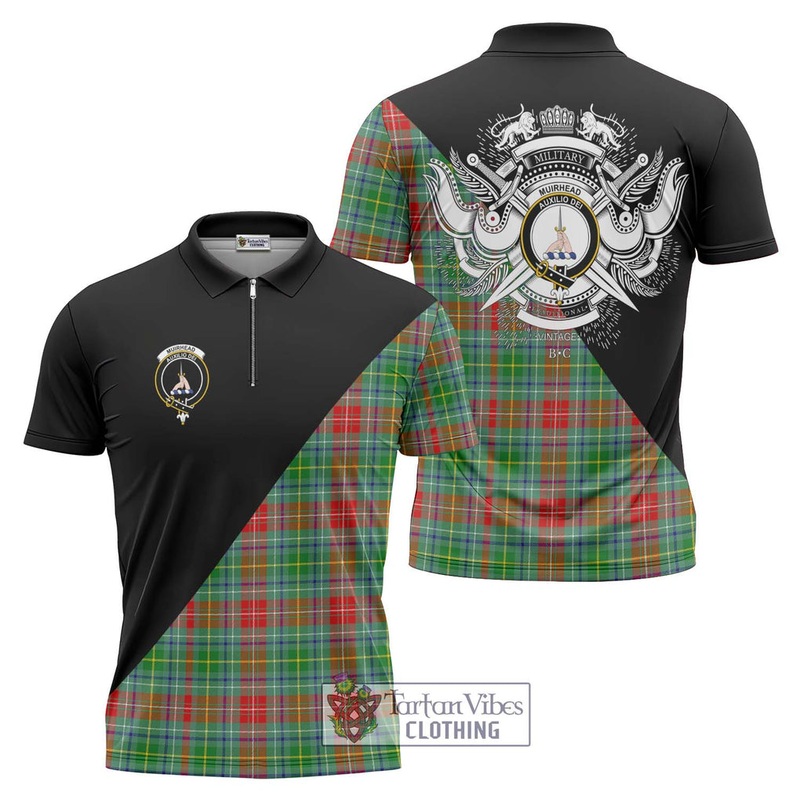 Muirhead Tartan Zipper Polo Shirt with Family Crest and Military Logo Style