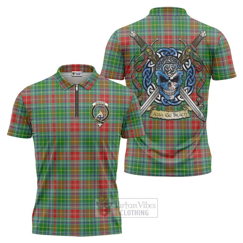 Muirhead Tartan Zipper Polo Shirt with Family Crest Celtic Skull Style