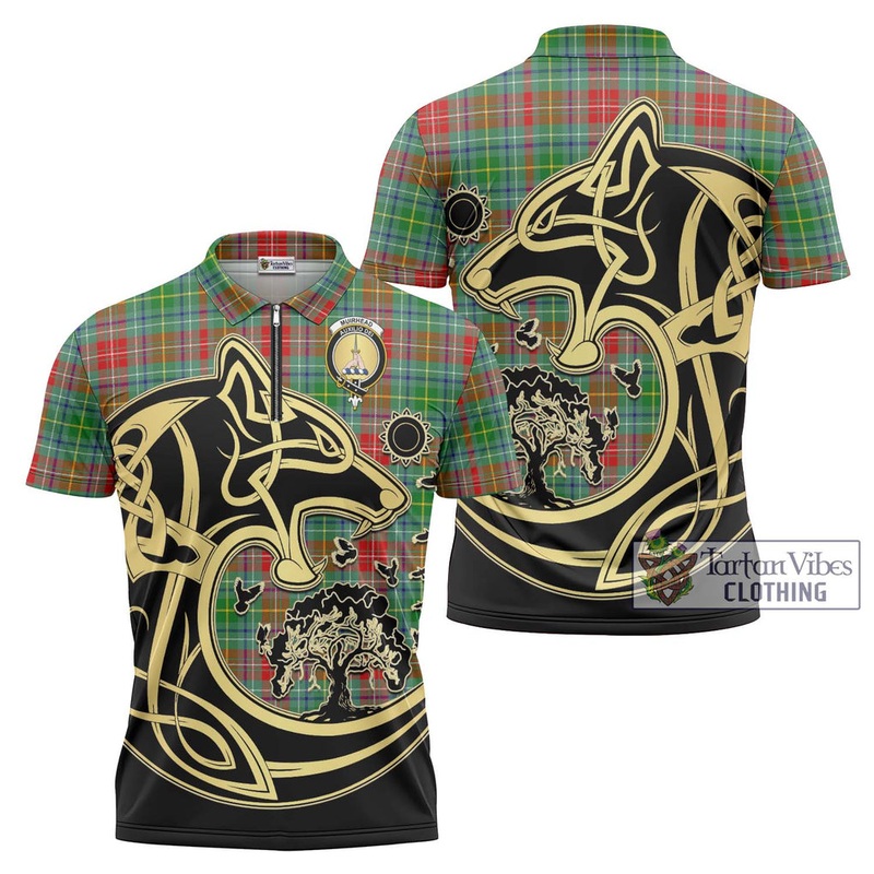 Muirhead Tartan Zipper Polo Shirt with Family Crest Celtic Wolf Style