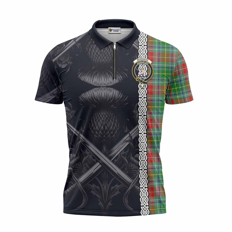 Muirhead Tartan Zipper Polo Shirt with Family Crest Cross Sword Thistle Celtic Vibes