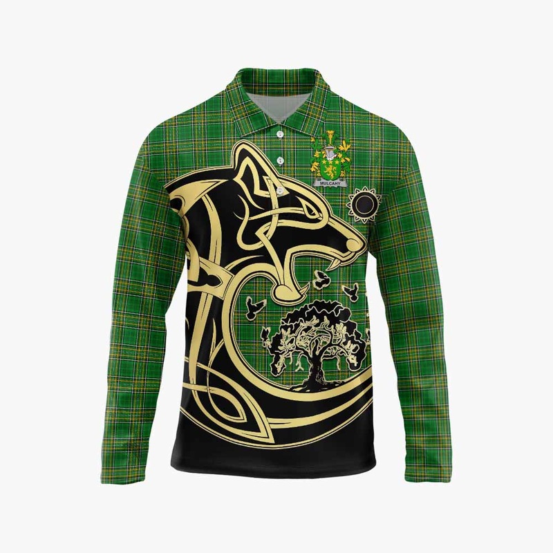 Mulcahy Irish Tartan Long Sleeve Polo Shirt with Coat of Arms Celtic Wolf Style