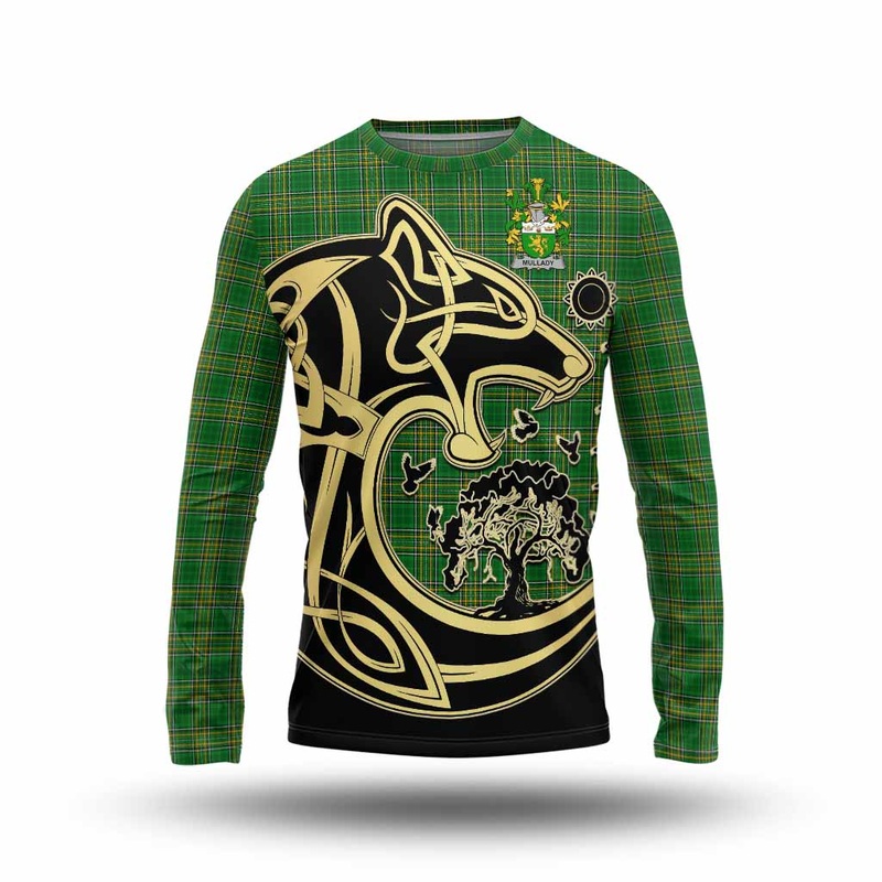 Mullady Irish Tartan Long Sleeve T-Shirt with Coat of Arms Celtic Wolf Style