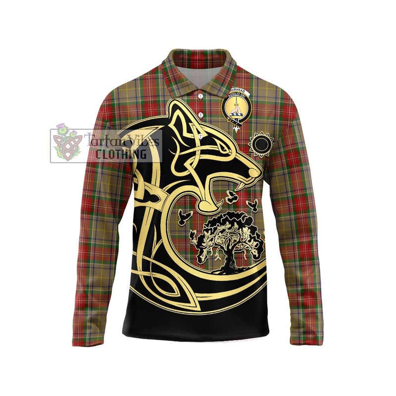 Muirhead Old Tartan Long Sleeve Polo Shirt with Family Crest Celtic Wolf Style